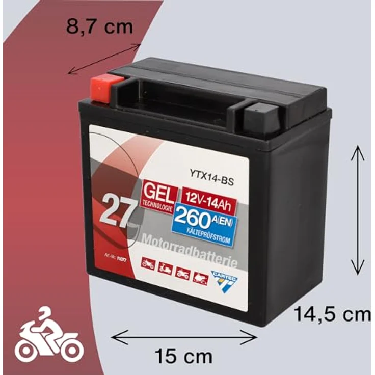 CARTEC Motorradbatterie YTX14-BS, 14Ah, 260A, wartungsfrei, Gel-Technologie, rüttelfest, schwarz – Bild 4
