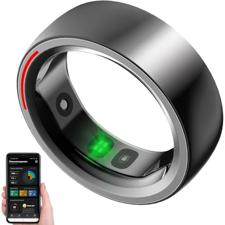 Newgen Medicals Smarter Ring: Fitness- & Schlaftracker-Ring mit Herzfrequenz- & SpO2-Anzeige, Gr. 65 (Fingerringe Herren, Fitness Tracker Ring, Armbanduhren) - Schwarz – Bild 2