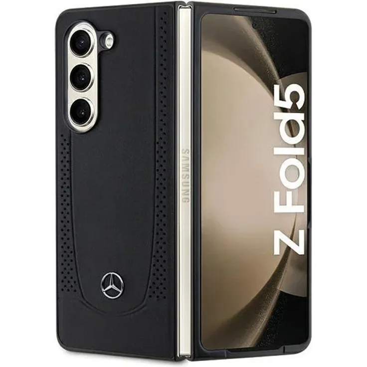 Mercedes Leather Urban Case für Samsung Galaxy Z Fold 5 – Schwarzes hochwertiges Echtleder mit Metall-Logo, perfekter Sitz und Schutz.