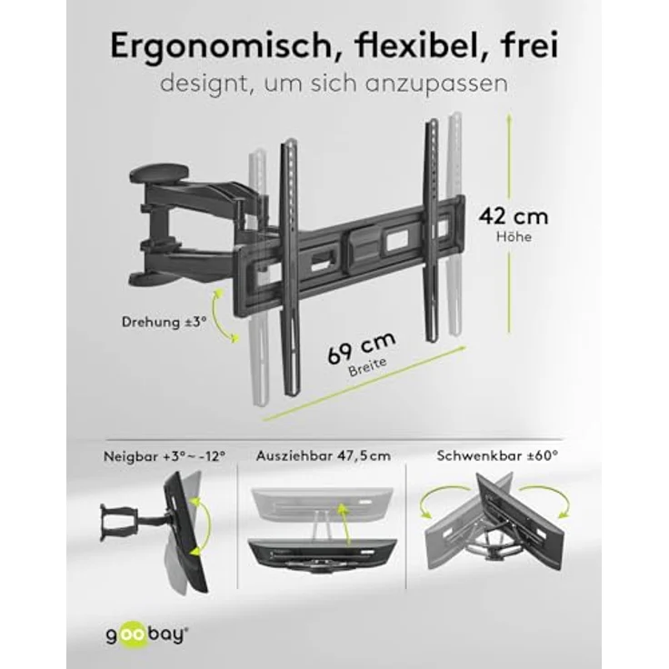 goobay TV-Wandhalterung 71199, für Fernseher von 37 bis 80 Zoll, max. 45 kg, vollbeweglich, schwenkbar und neigbar, dezentes Design – Bild 3