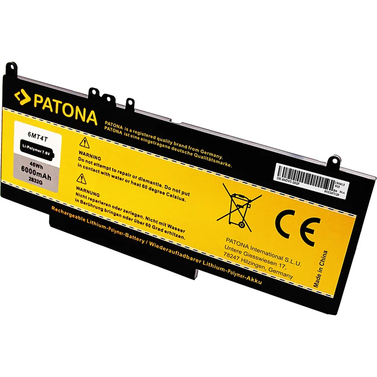 Patona Ersatzakku für Dell Latitude 3150 / E5250 / E5450, 7,6 Volt 6000mAh Li-Polymer, kompatibel mit DELL 6MT4T