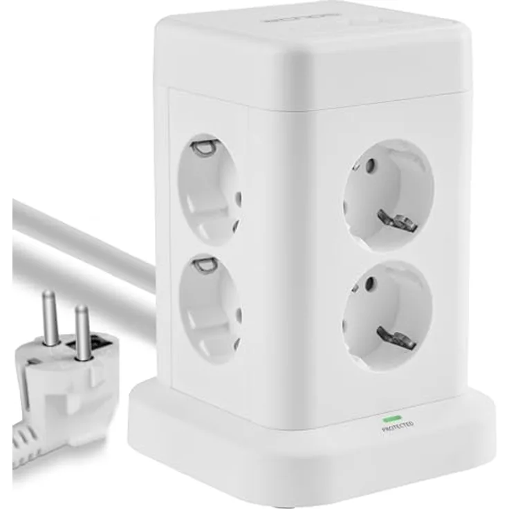 Echos 12-in-1 Steckdosenturm mit 3M Kabel, 8-fach Mehrfachsteckdose mit 2 USB-A und 2 USB-C Anschlüssen, integrierter Schalter, Überspannungsschutz, kompakt und platzsparend
