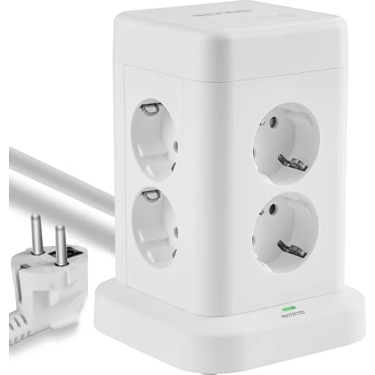 Echos 12-in-1 Steckdosenturm mit 3M Kabel, 8-fach Mehrfachsteckdose mit 2 USB-A und 2 USB-C Anschlüssen, integrierter Schalter, Überspannungsschutz, kompakt und platzsparend – Bild 1