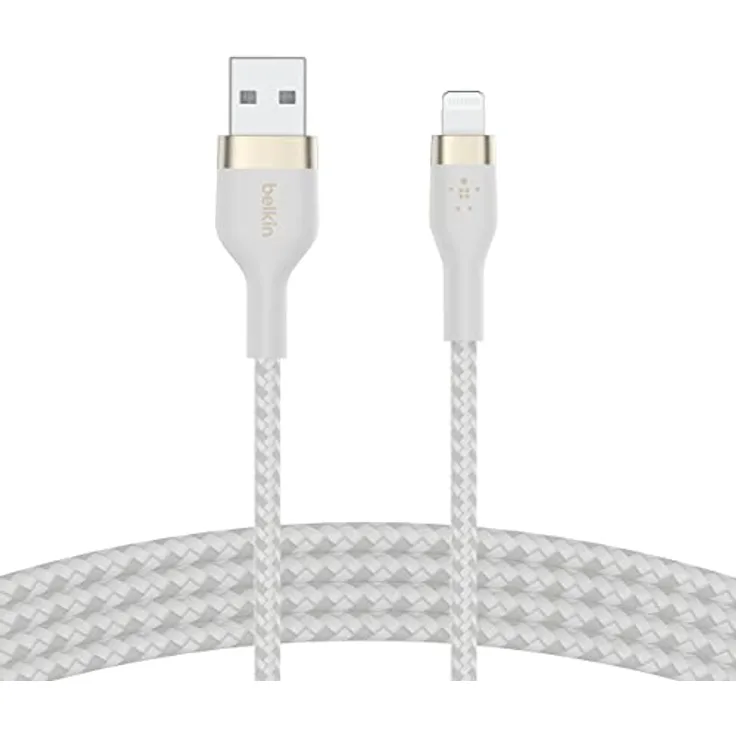 Belkin BoostCharge Pro Flex geflochtenes USB-A/Lightning-Kabel, 1 m, MFi-zertifiziertes Ladekabel für iPhone 14/14 Plus, 13, 12, Pro, Max, mini, SE, iPad und andere Geräte – Weiß
