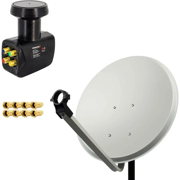 PremiumX PXS60, 60cm Satellitenschüssel aus Stahl in Hellgrau, mit Quad LNB und 8x vergoldeten F-Steckern für optimalen Empfang