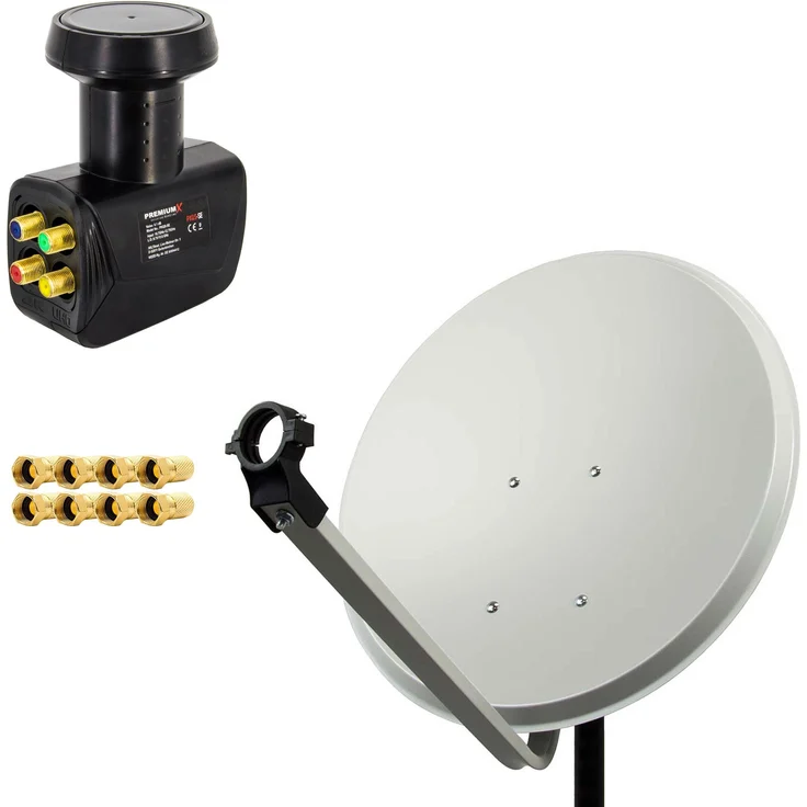 PremiumX PXS60, 60cm Satellitenschüssel aus Stahl in Hellgrau, mit Quad LNB und 8x vergoldeten F-Steckern für optimalen Empfang