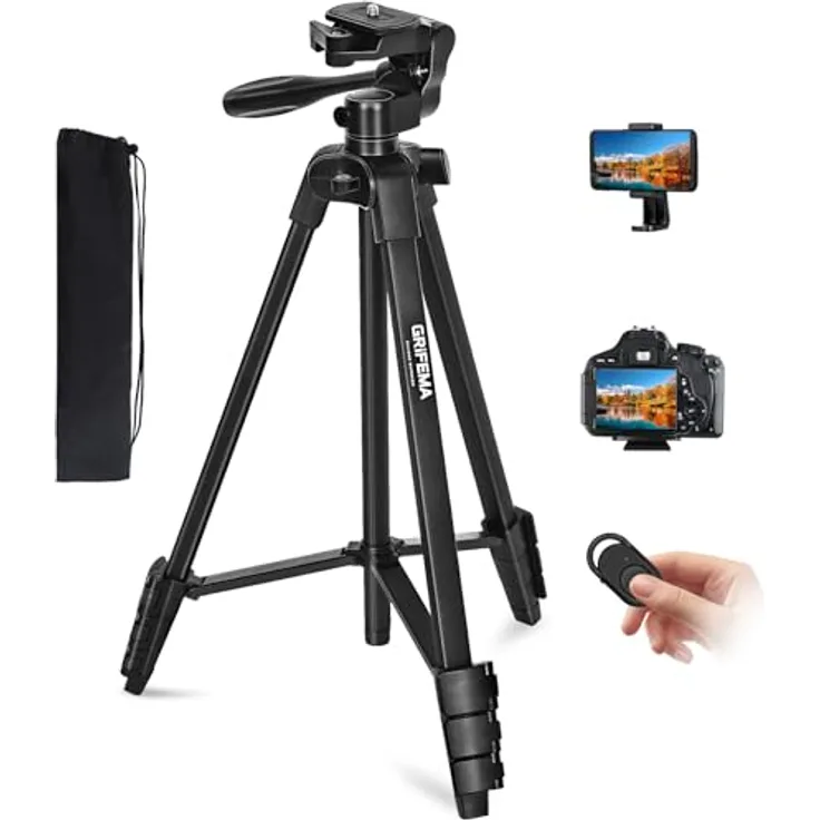 GRIFEMA GB1001 Handy Stativ, Aluminium, Höhenverstellbar bis 140 cm, mit 360° Panoramakopf und Bluetooth-Fernbedienung