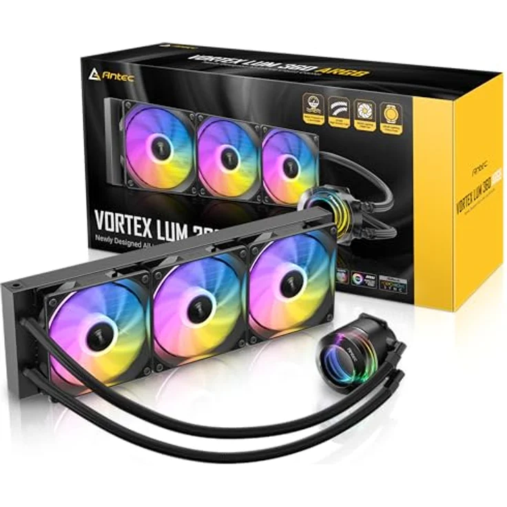 Antec Vortex Lum 360 ARGB Wasserkühlung mit hängendem Spiralpumpenkopf, 360-mm-Aluminium-Kühler und 3 ARGB-PWM-Kühlerlüfter, schwarz – Bild 2