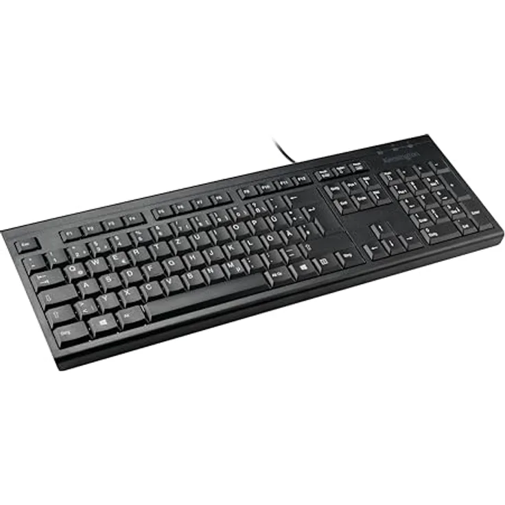 Kensington KB100 EQ kabelgebundene Tastatur, spritzwassergeschützt, schlankes Design, recyceltes Material, Schwarz