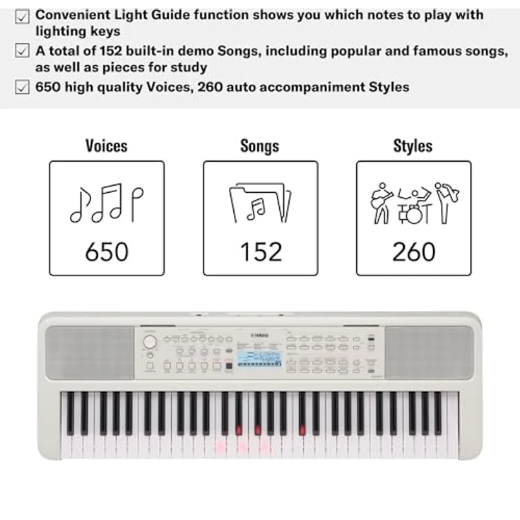 Yamaha EZ-310, Home-Keyboard mit 61 Tasten, Leuchttasten und umfangreichen Lernfunktionen, weiß, inkl. Netzteil PA-130 A – Bild 6