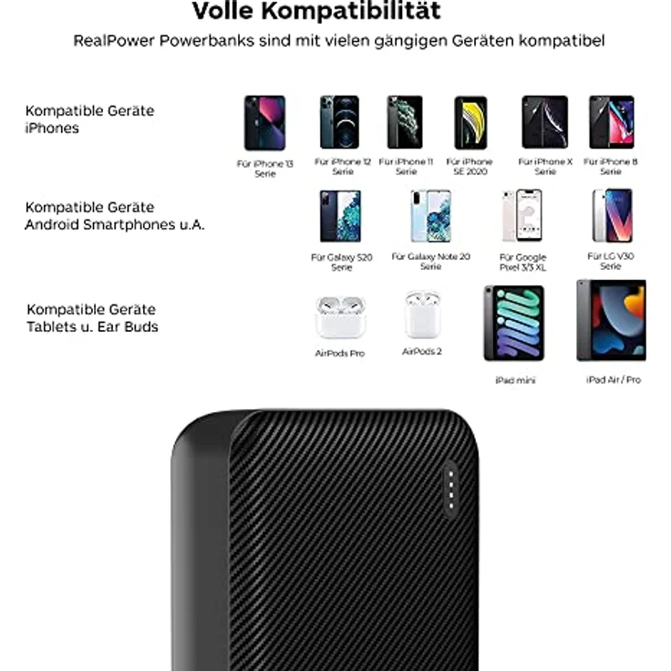 RealPower PB-10000 SE Powerbank, 10000mAh externer Akku Ladegerät mit 2 USB Ports, USB C EIN- Ausgang Kompatibel mit iPhone 14 13 12 Pro Max iPad Samsung S21 Xiaomi und mehr – Inkl. USB-C Ladekabel – Bild 4