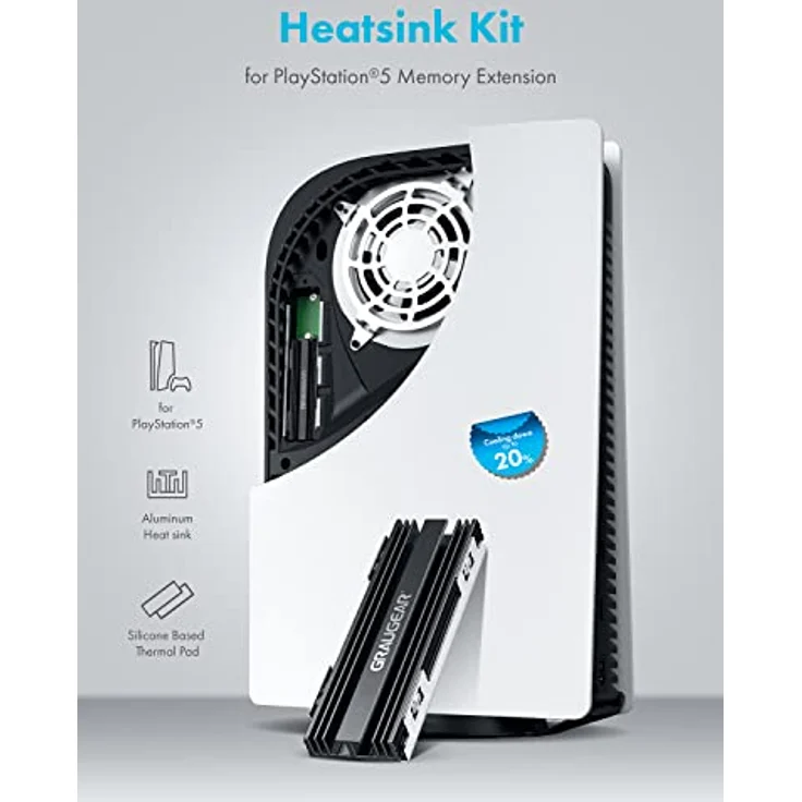 GRAUGEAR Kühlkörper für M.2 NVMe SSD (2280), passive, M.2 Kühler Kit, passend für PlayStation5, 2x Silikon Wärmeleitpad, Aluminium G-PS5HS02, schwarz – Bild 2