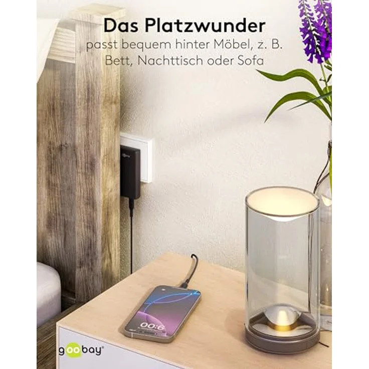 goobay 65W Flaches GaN USB C Ladegerät, Dual-Port (USB-C & USB-A) Schnellladegerät – 90° Flat Design, ultraflach & platzsparend, Schwarz – 75723 – Bild 3