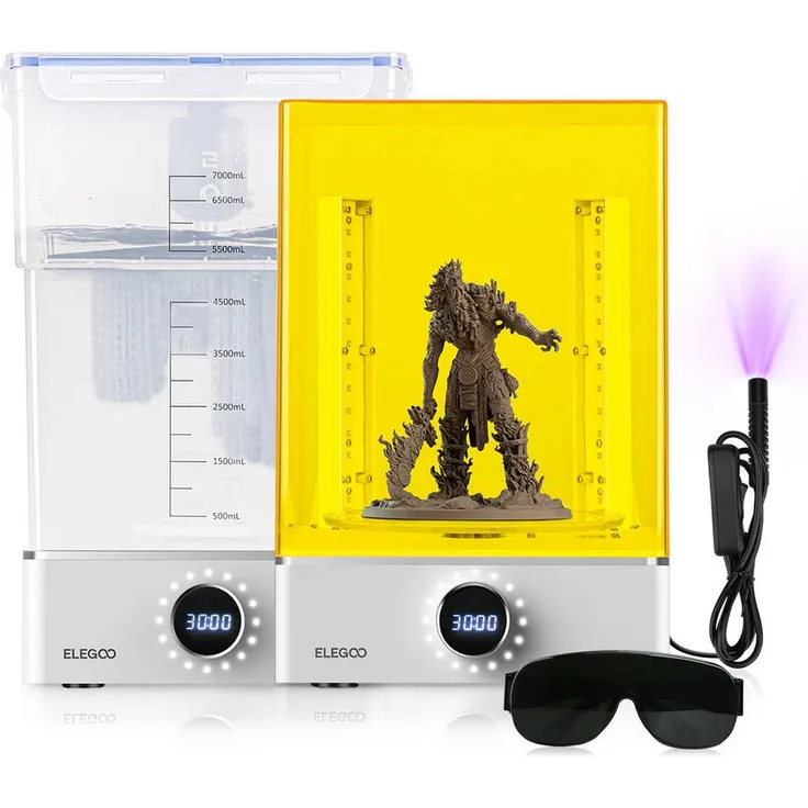 ELEGOO Mercury XS Bundle, Kompakter 3D-Drucker mit Doppelfunktion, 360° Rundumbelichtung und 7000 ml Waschvolumen