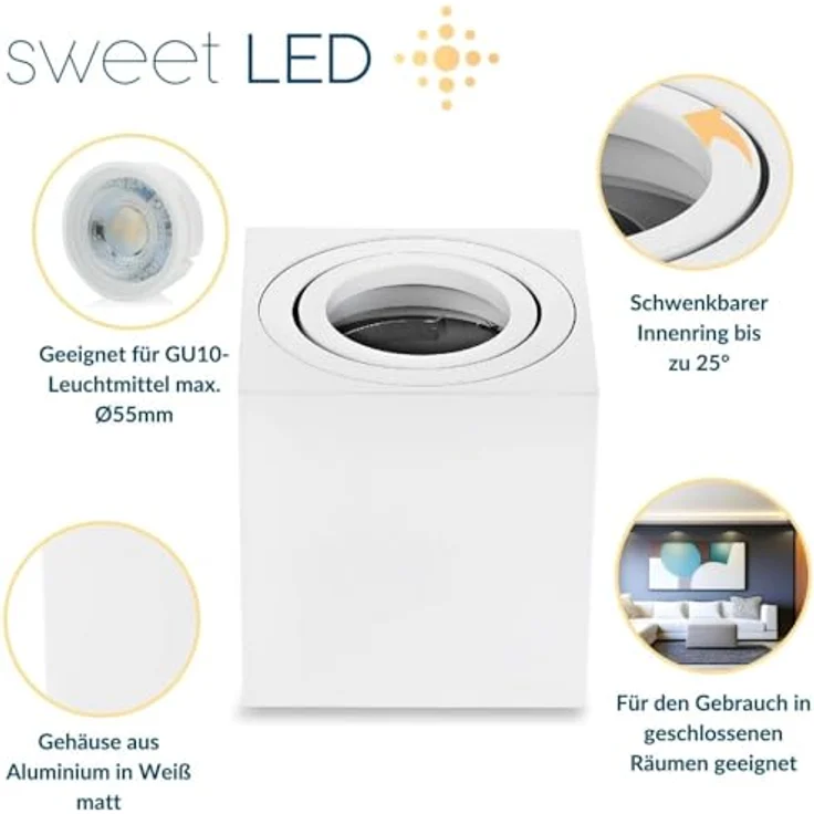 Sweet Led Aufbauleuchte Aufbaustrahler Deckenleuchte Aufputz, eckig - matt Weiss, mit GU10 Fassung 230V Alu-gebüstet und schwenkbar – Bild 2