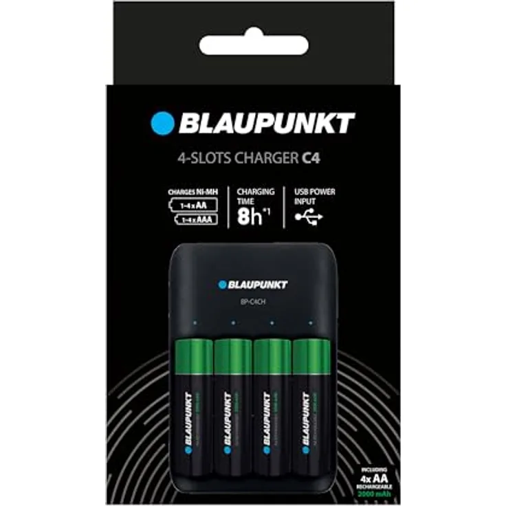 Blaupunkt Standard Ladegerät für 1-4 NI-MH Akkus, inklusive 4 AA Blaupunkt Akkus, LCD-Ladestatusanzeige, 8-10 Stunden Ladezeit