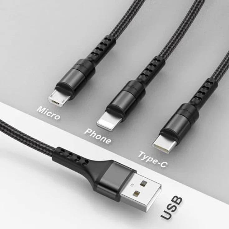 RAVIAD Multi USB Kabel 1.2M, 3 in 1 Schnellladekabel mit Micro USB, USB Typ C und Lightning, Nylon ummantelt, hohe Ladegeschwindigkeit, für Android und iPhone – Bild 2