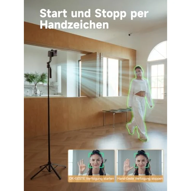 Rollei Easy Creator Quadpod, Handy Stativ mit 360° Rotation, automatischer Gesichtsverfolgung, 163 cm, mit Licht und Fernbedienung für Vlogs und Selfies – Bild 3
