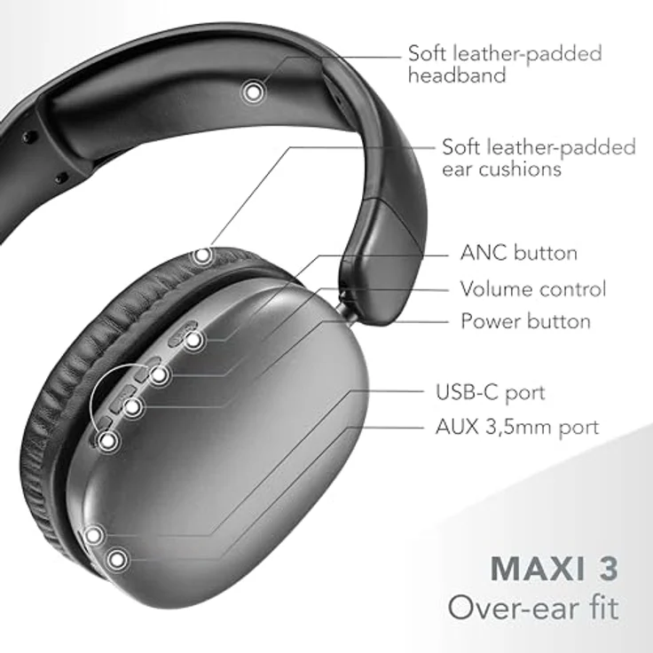 Cellularline Music & Sound MAXI 3, Bluetooth Kopfhörer mit ANC, 27 Stunden Akkulaufzeit, kabellos und kabelgebunden, Schwarz – Bild 6