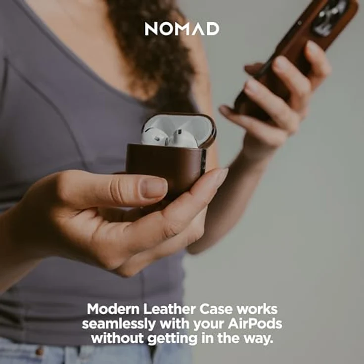Nomad Modern Leather Case für AirPods 4, zweiteilige Schutzhülle aus hochwertigem Echtleder und Polycarbonat, braun, kabelloses Laden kompatibel – Bild 4