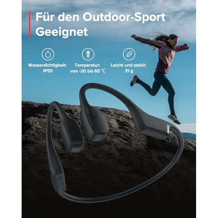 SUUNTO Sonic Kopfhörer mit Knochenleitung, kabellos, Sport-Kopfhörer, Komfort mit freien Ohren, Bluetooth 5.2, IP55 wasserdicht, 10 Stunden Akkulaufzeit, ideal für Laufen, Radfahren, 31 g, schwarz – Bild 4