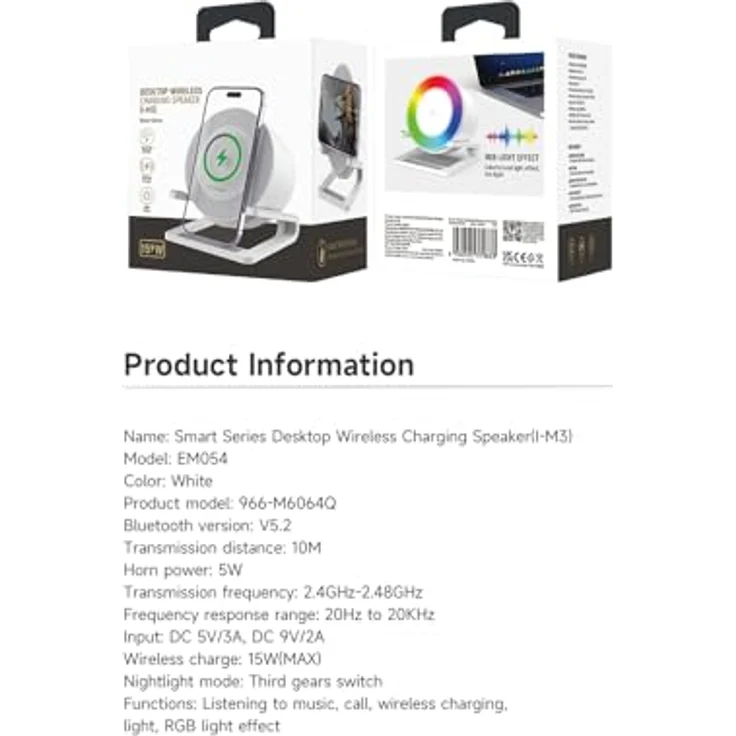 Devia Bluetooth-Lautsprecher I-M3 mit induktivem 15-W-Ladegerät und Licht, weiß – Bild 9
