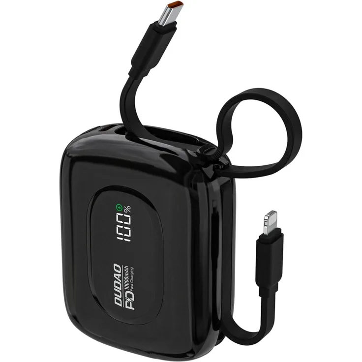 Dudao K32 Powerbank 10000 mAh, 22,5 W Schnellladung, integriertes USB-C und iPhone Kabel, schwarz