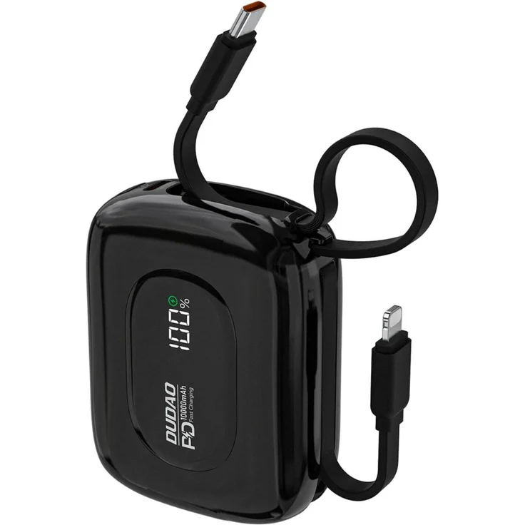 Dudao K32 Powerbank 10000 mAh, 22,5 W Schnellladung, integriertes USB-C und iPhone Kabel, schwarz