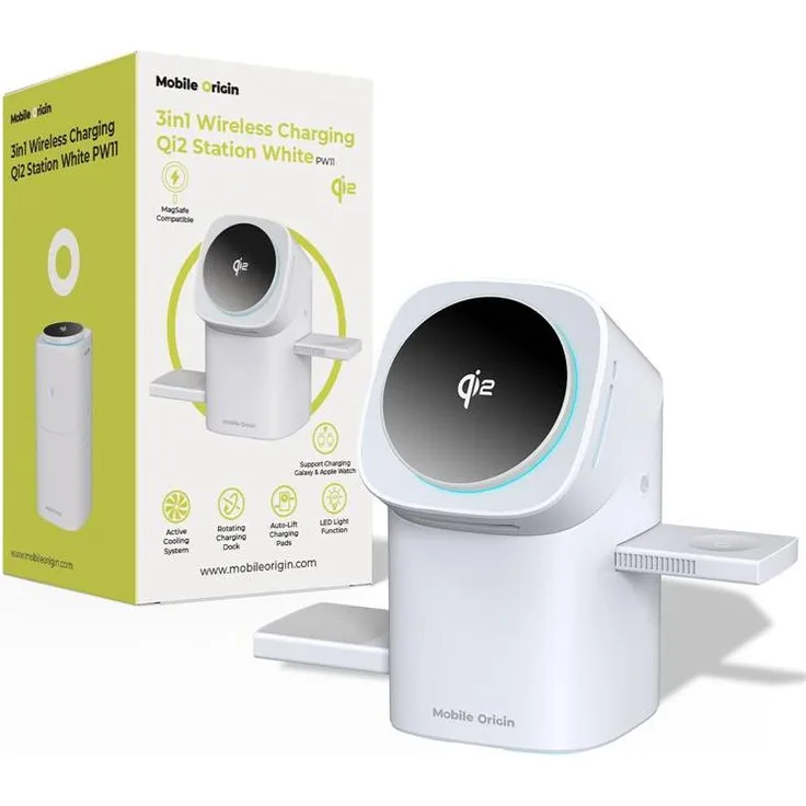 Mobile Origin WCHS-PW11-WHT, 3in1 Wireless Charging Station mit Qi2-Technologie, drinnen, weiß, für Smartphones, Smartwatches und kabellose Kopfhörer