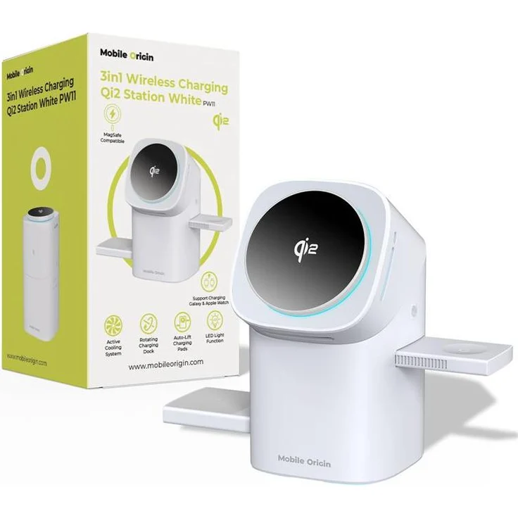 Mobile Origin WCHS-PW11-WHT, 3in1 Wireless Charging Station mit Qi2-Technologie, drinnen, weiß, für Smartphones, Smartwatches und kabellose Kopfhörer