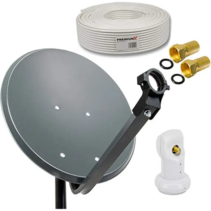 Premium X PXS45, Camping Satelliten-Komplettanlage 45cm Anthrazit, Single LNB für 4K Empfang, inkl. 10m Koaxialkabel und 2 F-Stecker