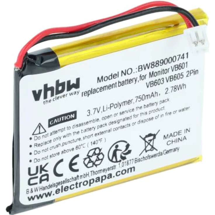 vhbw Akku kompatibel mit Floureon VB603, VB605, VB601 Babyphone, 750 mAh, 3,7 V, Li-Polymer, wiederaufladbar, Überhitzungs- und Kurzschlussschutz – Bild 1