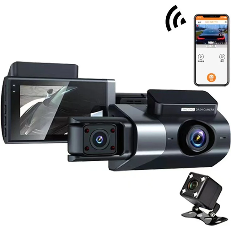 andoer Dashcam mit drei Kameras, 1080P HD, 170° Ultra-Weitwinkel, Infrarot-Nachtsicht, 24-Stunden-Parküberwachung, schwarz