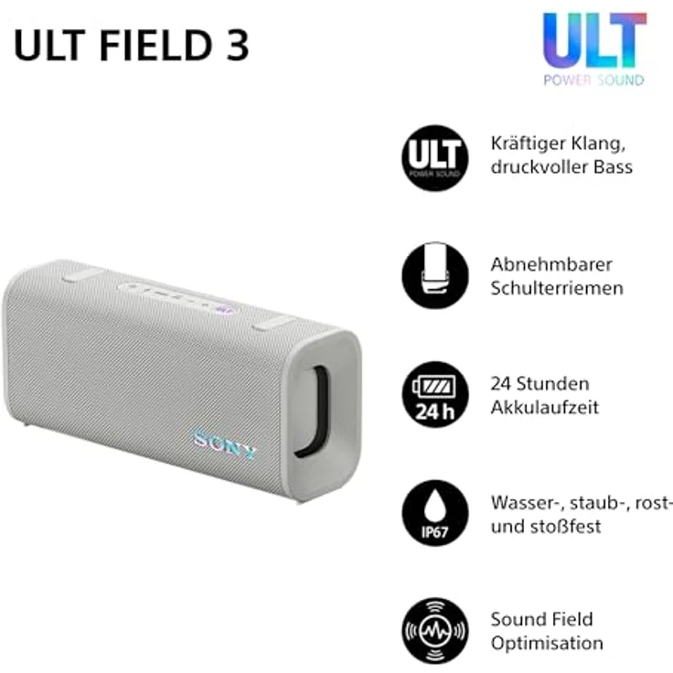 Sony ULT Field 3, Tragbarer Bluetooth-Lautsprecher mit ULT Power Sound, 24-Stunden-Akku, IP67 wasserdicht, staubdicht, stoßfest, abnehmbarer Schulterriemen - Off-White – Bild 2