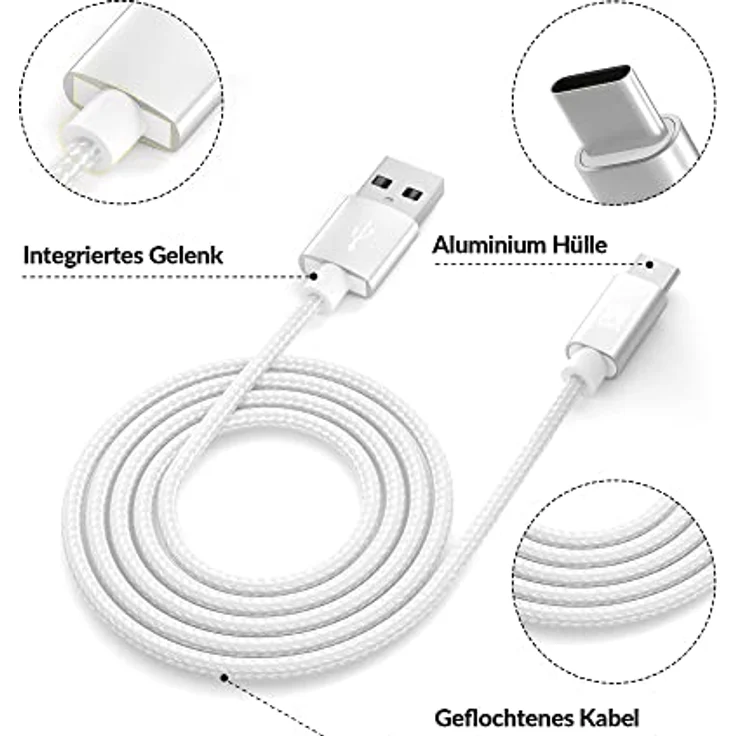 JAMEGA USB-C Kabel Nylon, Schnell Ladekabel 1m, Datenkabel für Samsung, Huawei, HTC und LG, 5 Gbps, Knickschutz, hohe Langlebigkeit – Bild 4