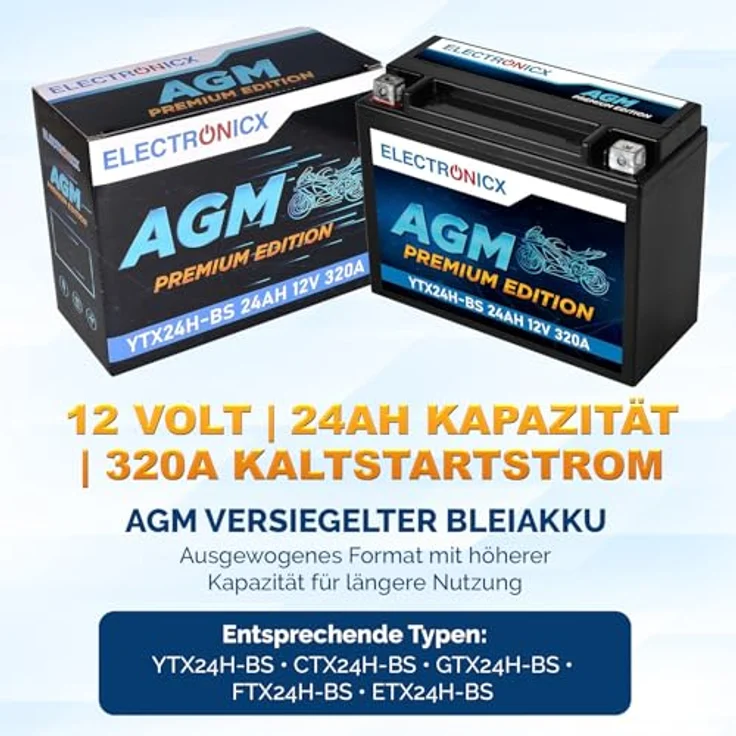 Electronicx YTX24H-BS AGM Motorradbatterie 24Ah 12V - wartungsfrei, rüttelfest, auslaufsicher für Motorrad, Roller, Quad, ATV – Bild 5