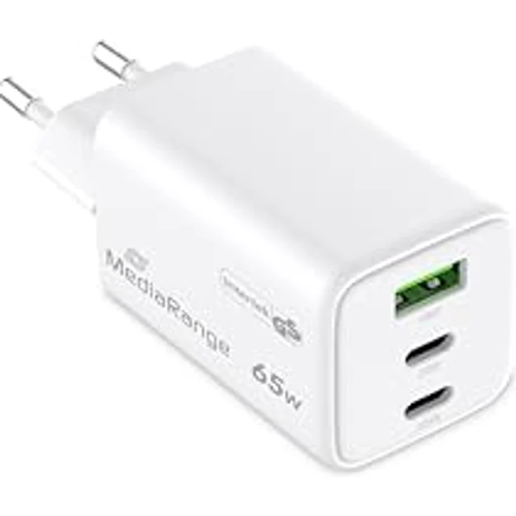 MediaRange 65W GaN Schnellladeadapter (EU-Stecker), 2X USB-C und 1x USB-A, unterstützt USB-C® Power Delivery und Quick Charge™, Weiß – Bild 3
