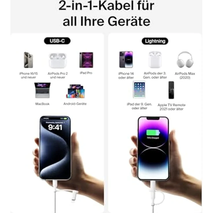 Belkin BoostCharge Pro USB Kabel 2-in-1, 1,5 m, USB-C/Lightning, 60 W, Weiß – Bild 2