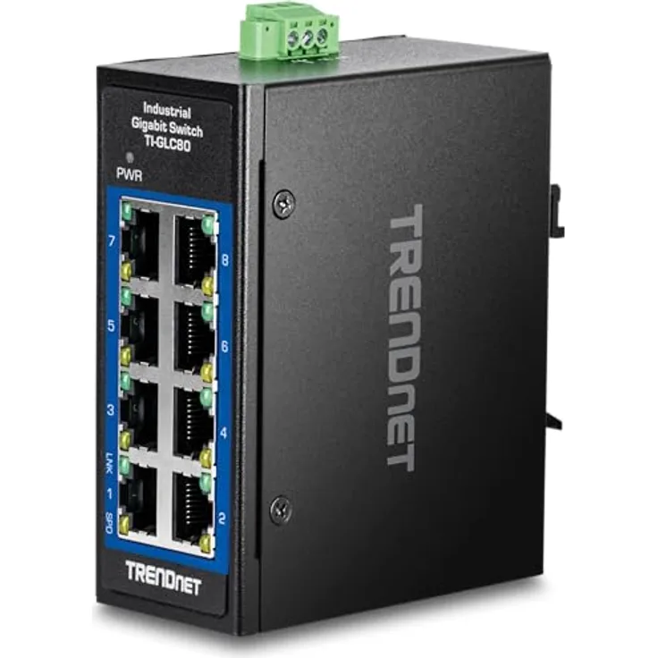 TRENDnet 8-Port Industrial Gigabit DIN-Rail Mini Switch, TI-GLC80, Extreme Temperatur IP30, 16Gbps Switch-Kapazität, Schwarz
