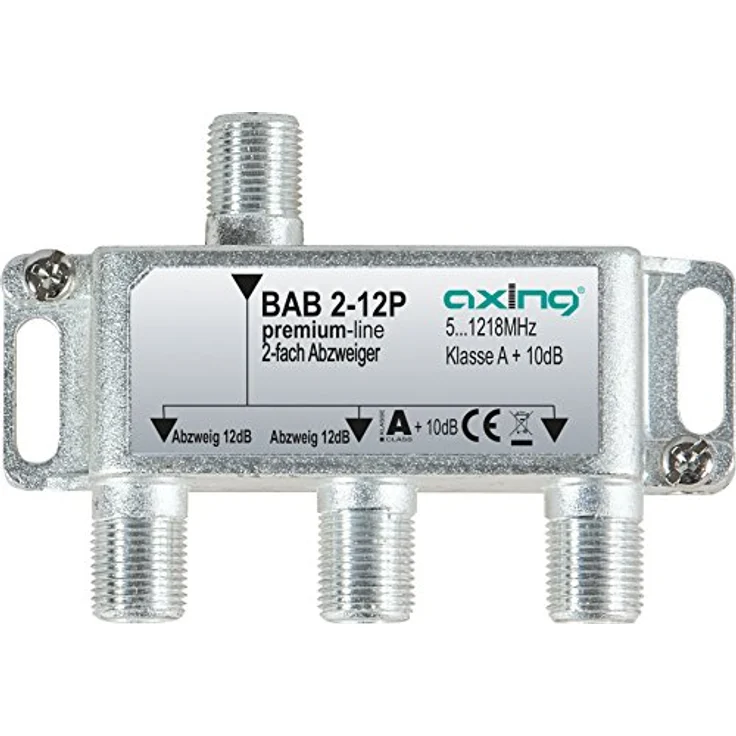 Axing BAB 2-12P 2-fach Abzweiger 12dB Kabelfernsehen CATV Multimedia DVB-T2 Klasse A+, 10dB, 5-1218 MHz metall – Bild 1