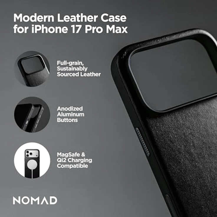 NOMAD Moderne Lederhülle für iPhone 17 Pro Max, Schwarz, MagSafe und kabelloses Laden, 2,4 m Fallschutz – Bild 3