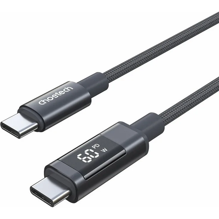 Choetech XCC-1068, USB-C Schnellladekabel mit Digitalanzeige, 120 cm, 60 W Power Delivery, Schwarz, Nylongeflecht