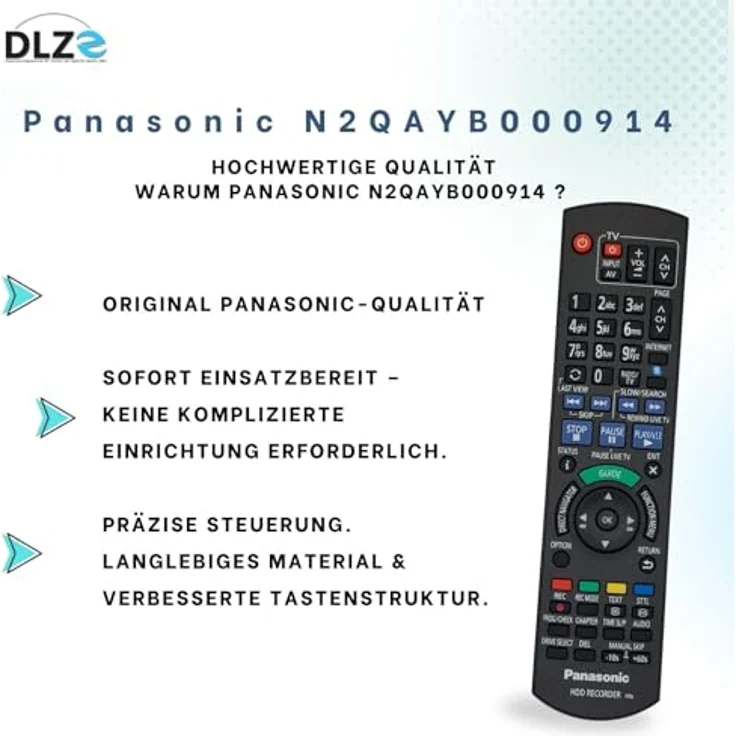 Panasonic N2QAYB000914, Original-Fernbedienung für Blu-ray Festplattenrekorder, ergonomisches Design, hohe Reichweite, kompatibel mit DMR-HCT130 EG, DMR-HCT230 EG, DMR-HST130 EG, DMR-HST230 EG, DMR-BST800 – Bild 5