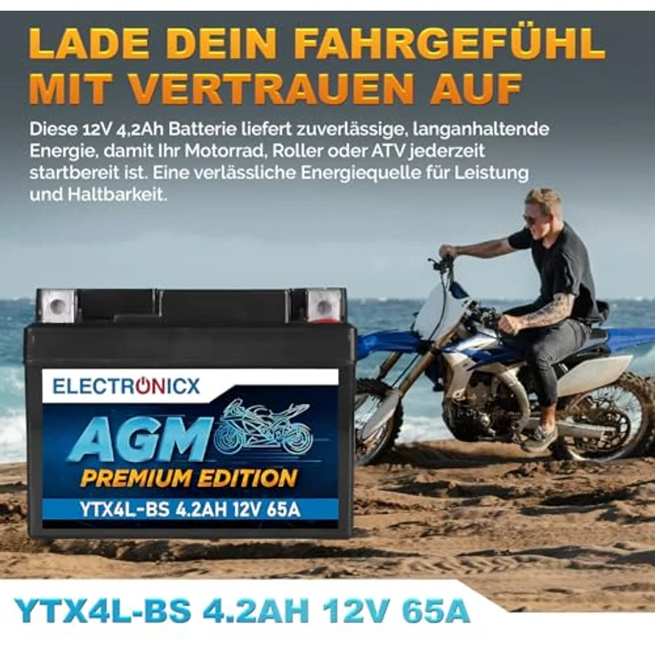 Electronicx YTX4L-BS AGM Motorradbatterie, wartungsfrei, auslaufsicher, rüttelfest, 4Ah 12V für Motorrad, Roller und Quad – Bild 2