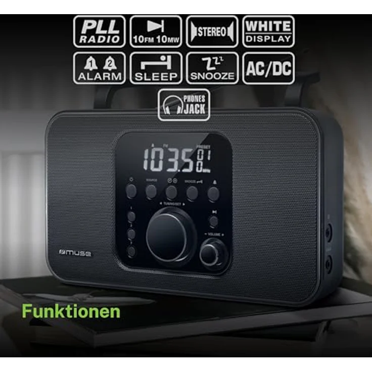 Muse M-091 R Tragbares Radio (UKW-MW) mit Senderspeicher, Uhr- und Weckfunktion, Netz- und Batteriebetrieb, AUX-Eingang, Kopfhörer-Anschluss, schwarz – Bild 6