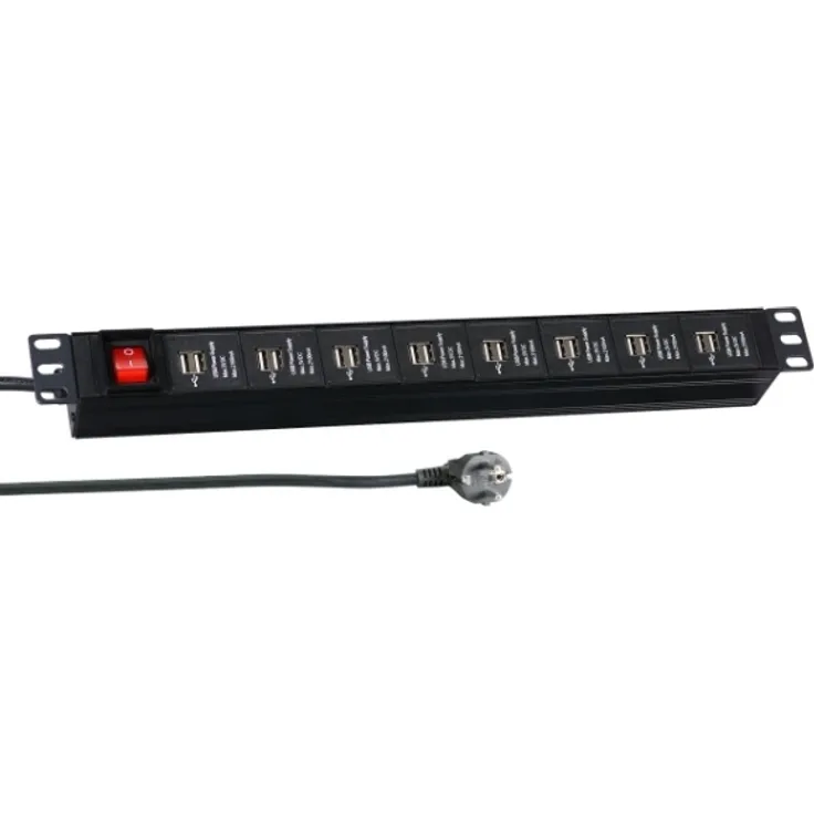 19- 1HE Steckdosenleiste 16 x USB mit Schalter schwarz 48,30cm (19'') 1HE Steckdosenleiste im Aluminiumprofil Ausgänge 9 x E 7-3 ohne Schalter Mit Berührungsschutz Zuleitung 1,8 m H03VV-F 3G 1,5 mm² Schutzkontakt- winkelstecker Farbe schwarz Zertifizieru