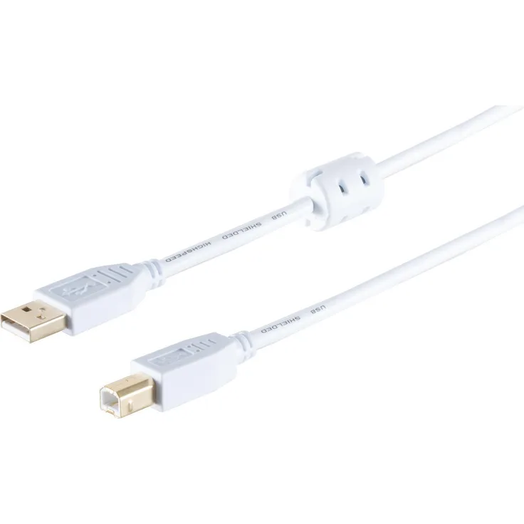 S-CONN maximum connectivity USB High Speed 2.0 Kabel mit Ferrit, A-B Stecker, vergoldete Kontakte, USB 2.0, weiß, 1,0m (77021-WF)
