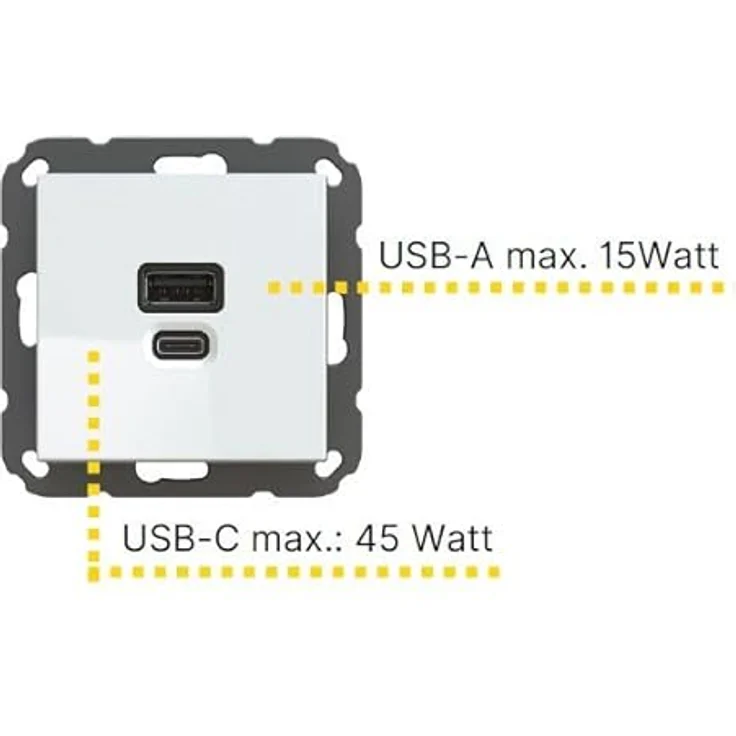 Unterputz USB-Ladestation mit USB-C 45 Watt + USB-A 15 Watt Charger/Lader 6560x0100 zur Hausinstallation, für gängige Schalterprogramme (55x55mm), Power Delivery (PD), T65.01 Kombi – Bild 2