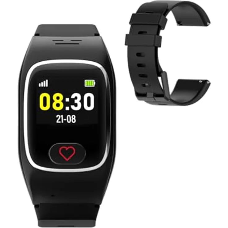 James B8 Smartwatch, Notrufuhr mit Stilvollem Silikon-Armband Schwarz, 4G Telefonfunktion, Gesundheitsüberwachung und Sturzerkennung