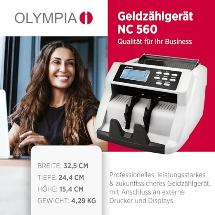 Olympia NC 560 Geldzählmaschine, Gemischtwertzähler für unsortierte Banknoten mit Falschgeldprüfer, 1000 Noten/Min, LCD Display, kompakt, inkl. Anschlüssen für externes Display und Drucker – Bild 2